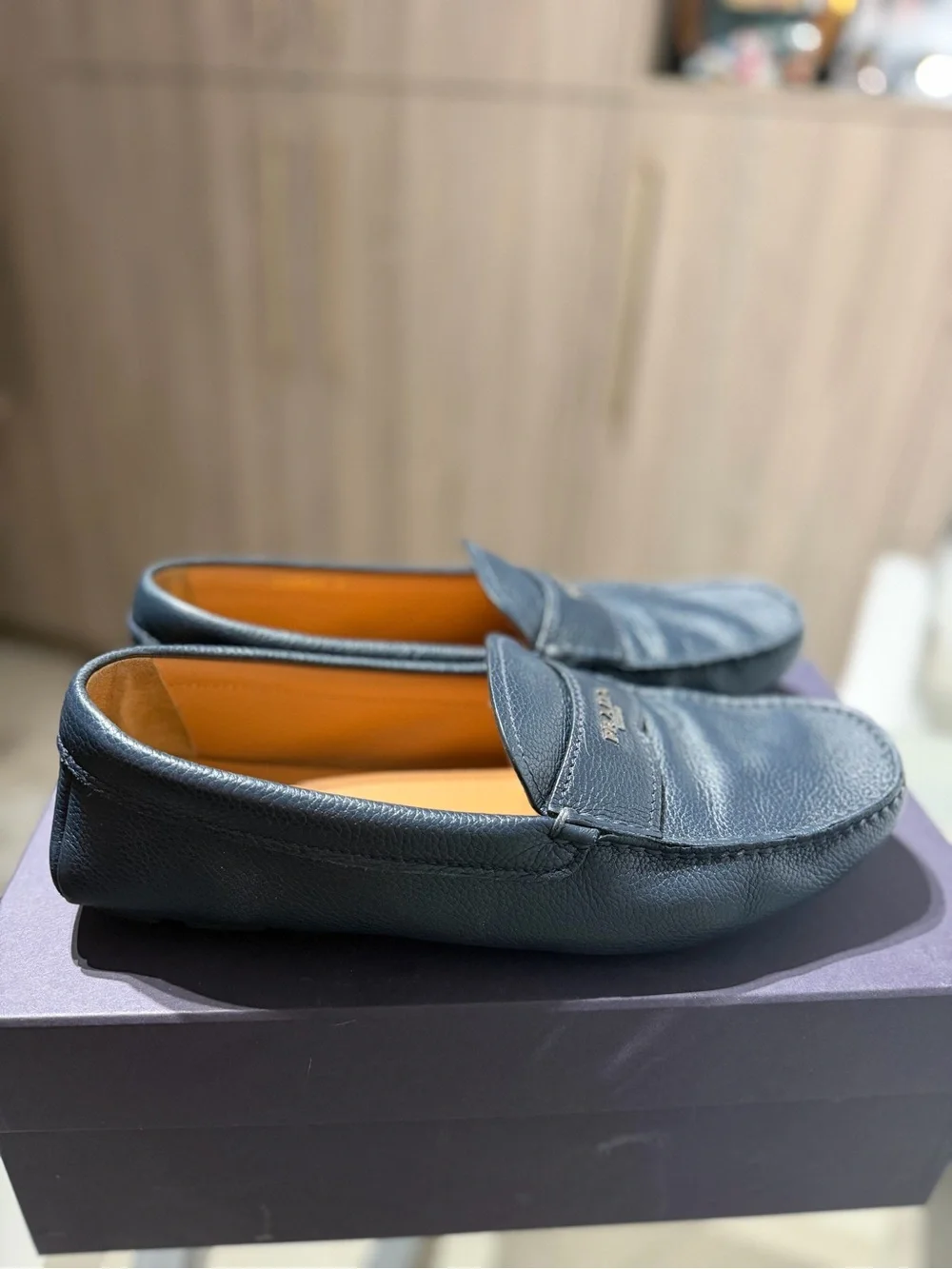 Prada Navy Pebbled Leather Driving Loafers